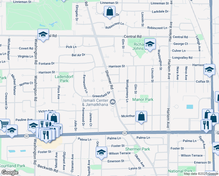 map of restaurants, bars, coffee shops, grocery stores, and more near 230 Shermer Road in Glenview