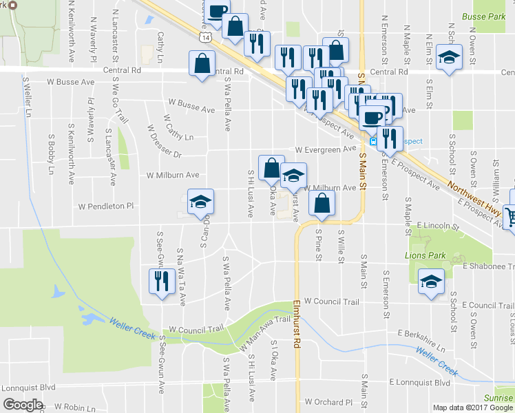 map of restaurants, bars, coffee shops, grocery stores, and more near 311 South Hi Lusi Avenue in Mount Prospect