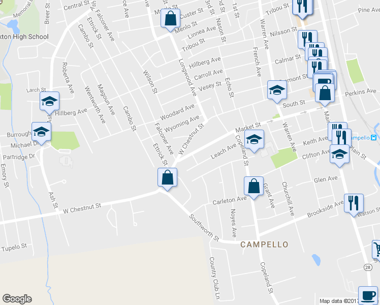 map of restaurants, bars, coffee shops, grocery stores, and more near 257 Market Street in Brockton