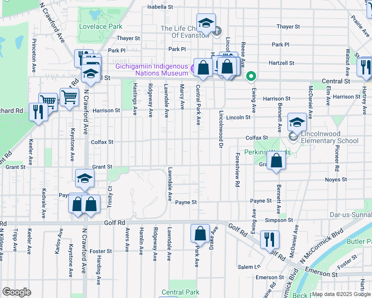 map of restaurants, bars, coffee shops, grocery stores, and more near 2325 Marcy Ave in Evanston