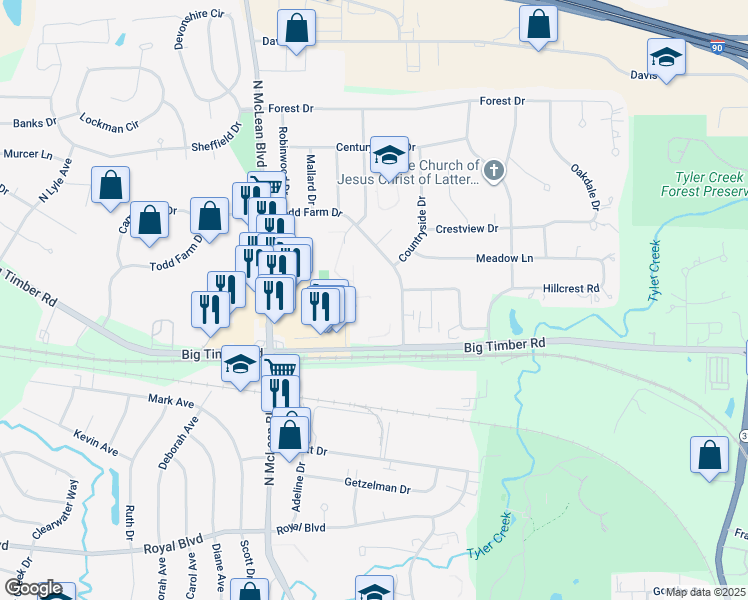 map of restaurants, bars, coffee shops, grocery stores, and more near 1073 Todd Farm Drive in Elgin