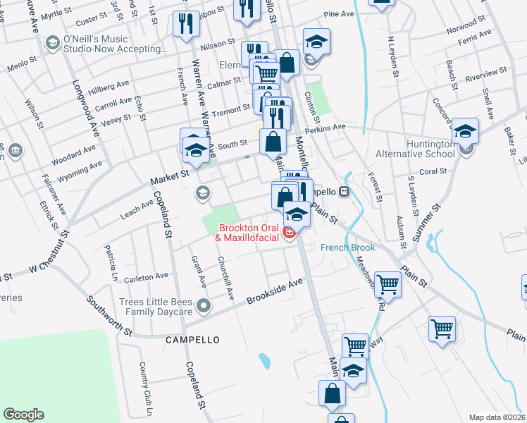 map of restaurants, bars, coffee shops, grocery stores, and more near 35 Clifton Avenue in Brockton