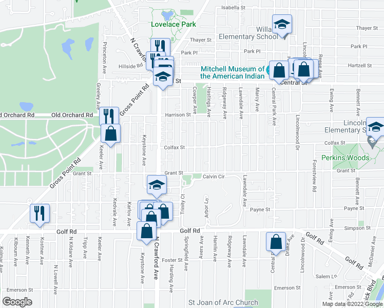 map of restaurants, bars, coffee shops, grocery stores, and more near 2334 Cowper Avenue in Evanston