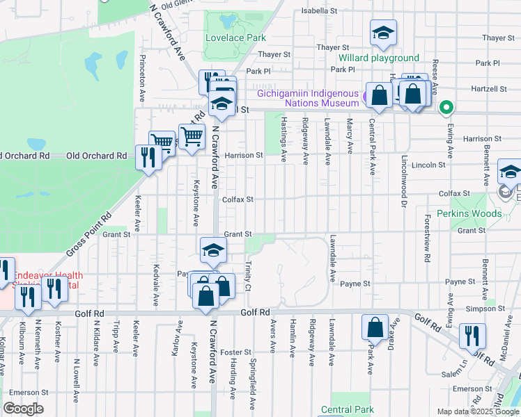 map of restaurants, bars, coffee shops, grocery stores, and more near 2334 Cowper Avenue in Evanston