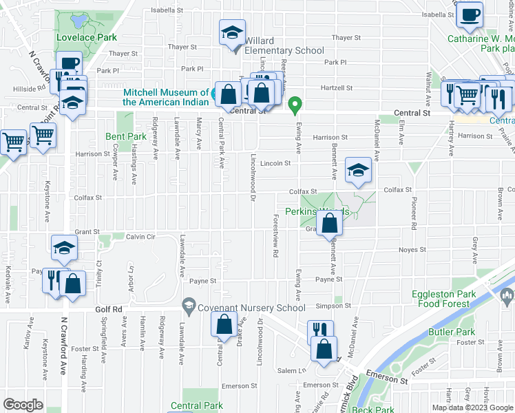 map of restaurants, bars, coffee shops, grocery stores, and more near 2329 Lincolnwood Drive in Evanston