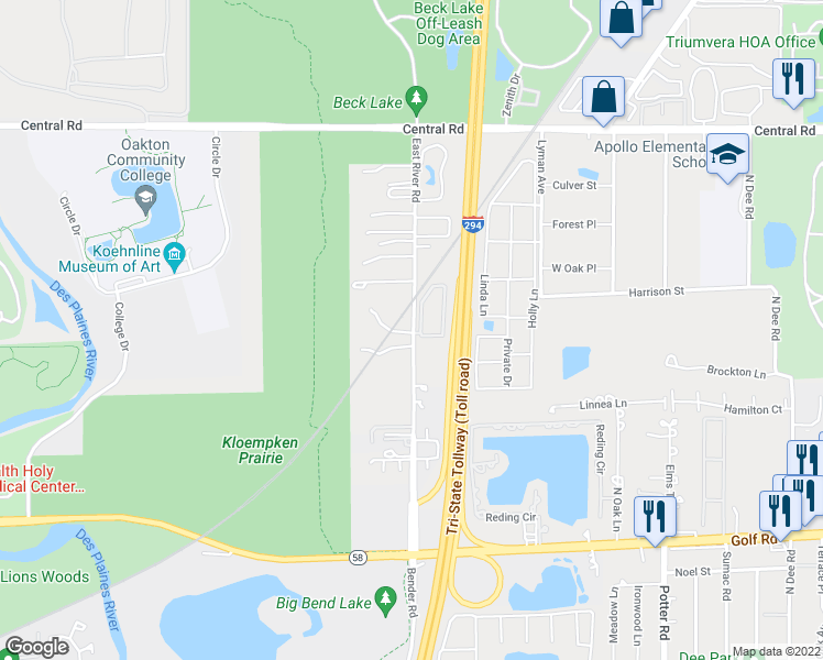 map of restaurants, bars, coffee shops, grocery stores, and more near 390 East River Road in Des Plaines