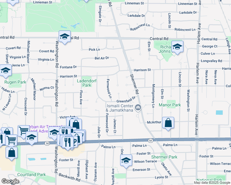 map of restaurants, bars, coffee shops, grocery stores, and more near 2328 Greenfield Drive in Glenview