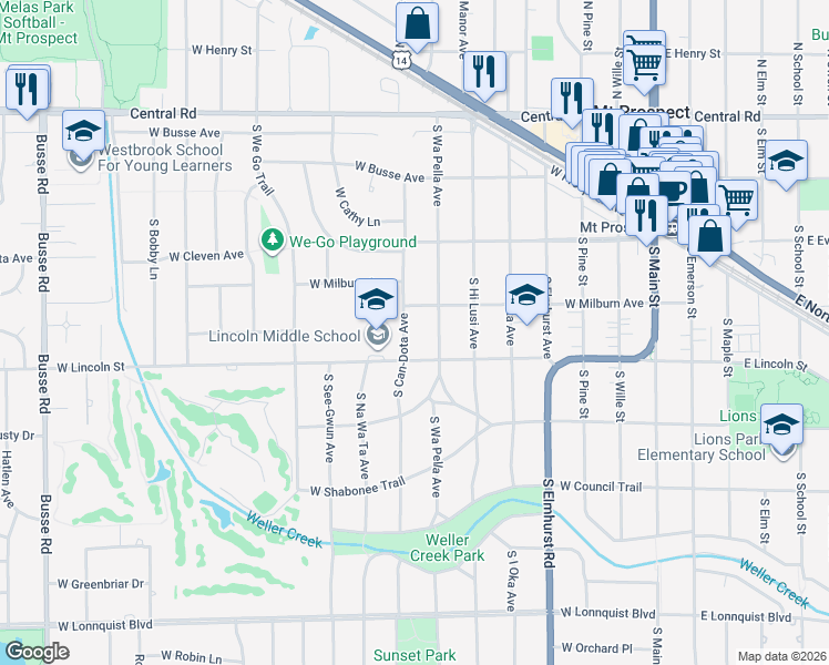 map of restaurants, bars, coffee shops, grocery stores, and more near 311 South Can-Dota Avenue in Mount Prospect