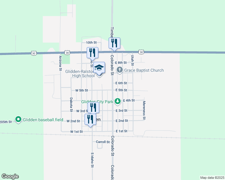 map of restaurants, bars, coffee shops, grocery stores, and more near 301 East 5th Street in Glidden