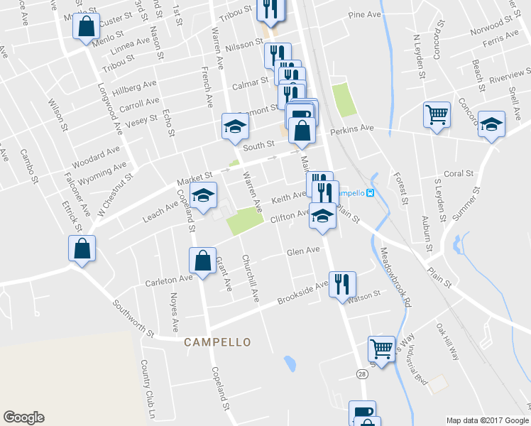 map of restaurants, bars, coffee shops, grocery stores, and more near 1272 Warren Avenue in Brockton