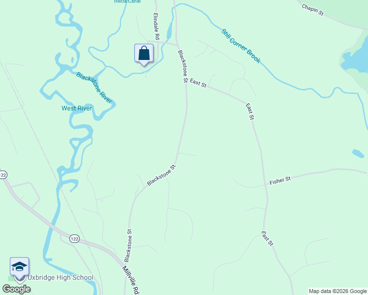 map of restaurants, bars, coffee shops, grocery stores, and more near 436 Blackstone Street in Uxbridge