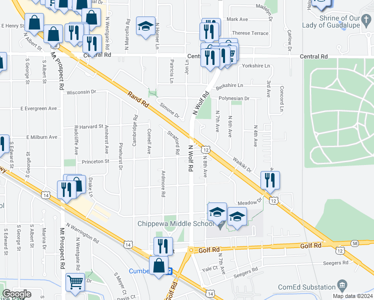 map of restaurants, bars, coffee shops, grocery stores, and more near 414 North Wolf Road in Des Plaines