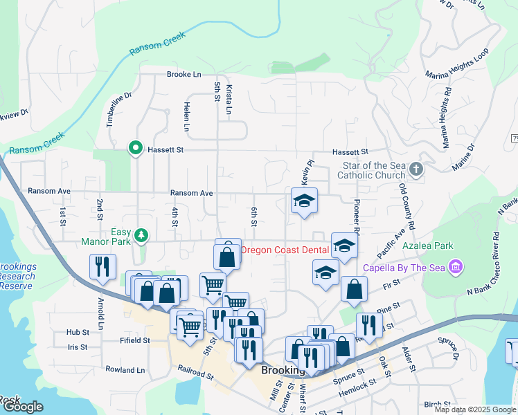 map of restaurants, bars, coffee shops, grocery stores, and more near 726 6th Street in Brookings