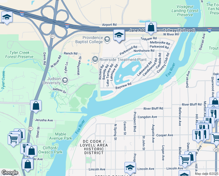 map of restaurants, bars, coffee shops, grocery stores, and more near 291 Bayview Road in Elgin