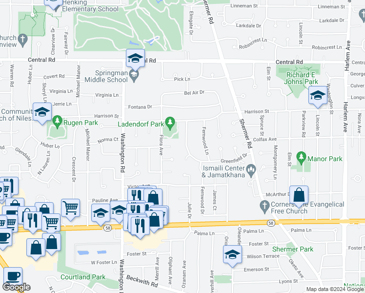 map of restaurants, bars, coffee shops, grocery stores, and more near 234 Greenfield Drive in Glenview