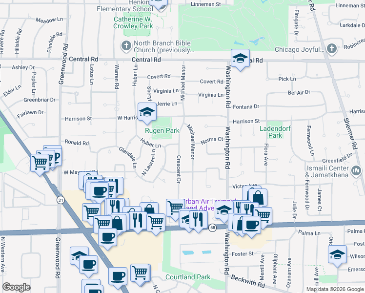map of restaurants, bars, coffee shops, grocery stores, and more near 245 Crescent Drive in Glenview