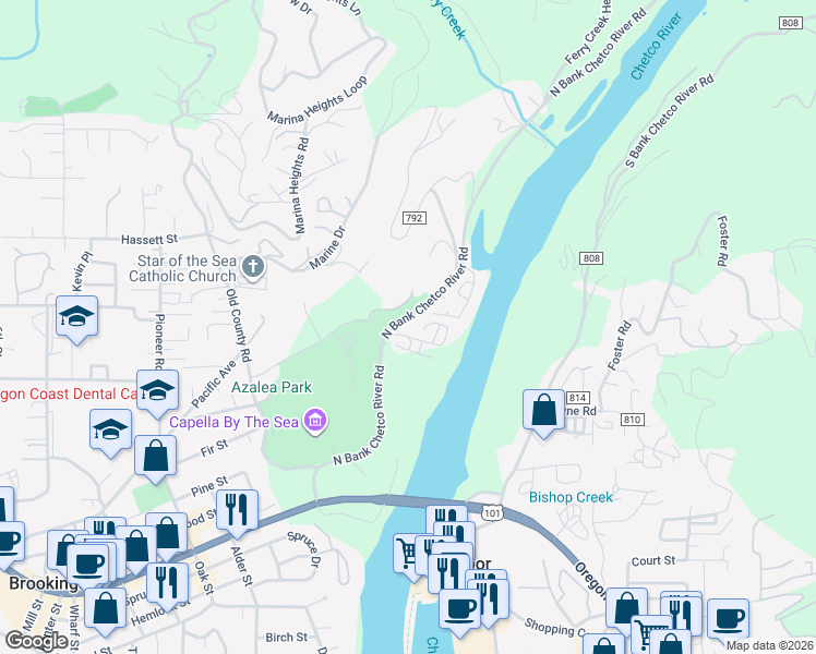 map of restaurants, bars, coffee shops, grocery stores, and more near 97668 North Bank Chetco River Road in Brookings