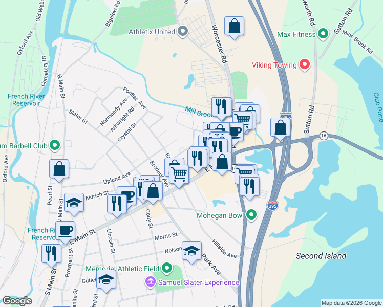 map of restaurants, bars, coffee shops, grocery stores, and more near 8 Vecchia Street in Webster
