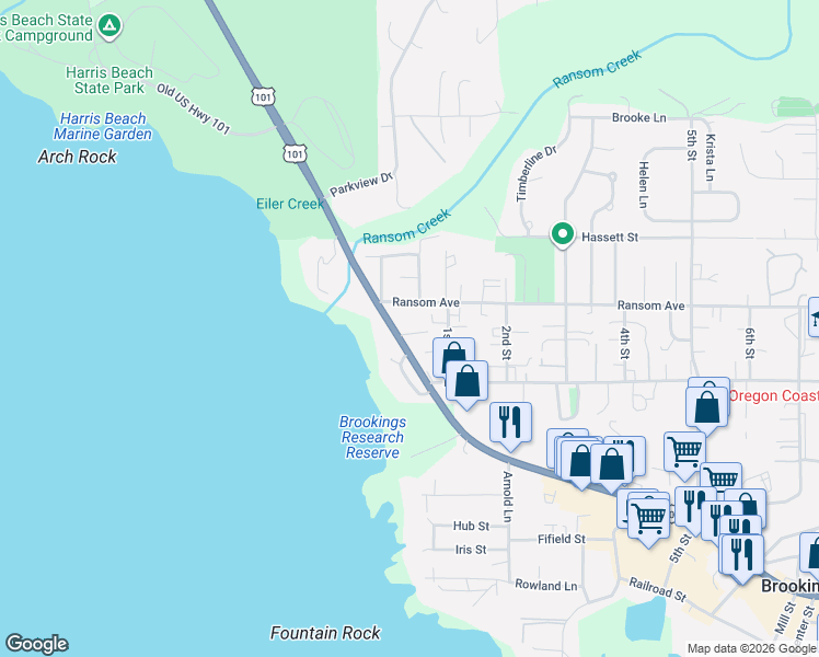 map of restaurants, bars, coffee shops, grocery stores, and more near 1334 Heather Lane in Brookings
