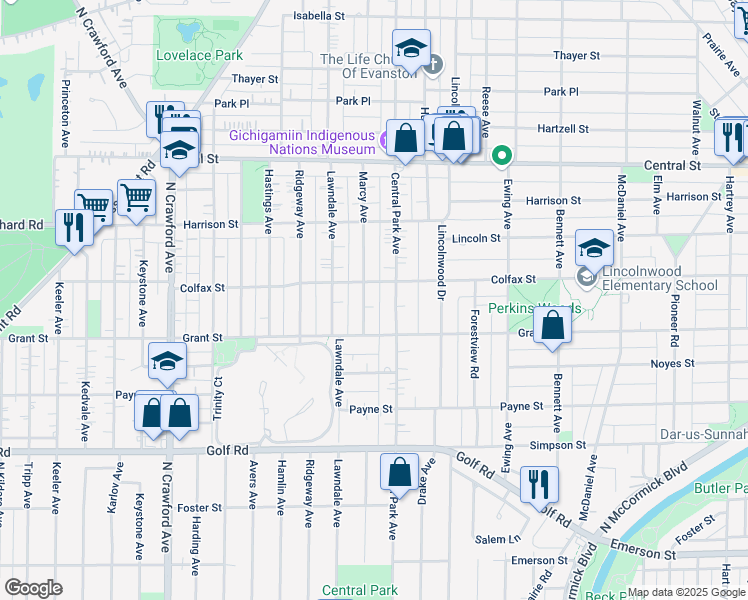 map of restaurants, bars, coffee shops, grocery stores, and more near 2325 Marcy Avenue in Evanston