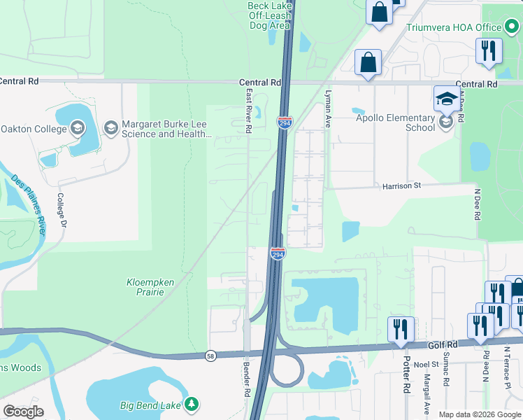 map of restaurants, bars, coffee shops, grocery stores, and more near 375 Oak Trails Road in Des Plaines