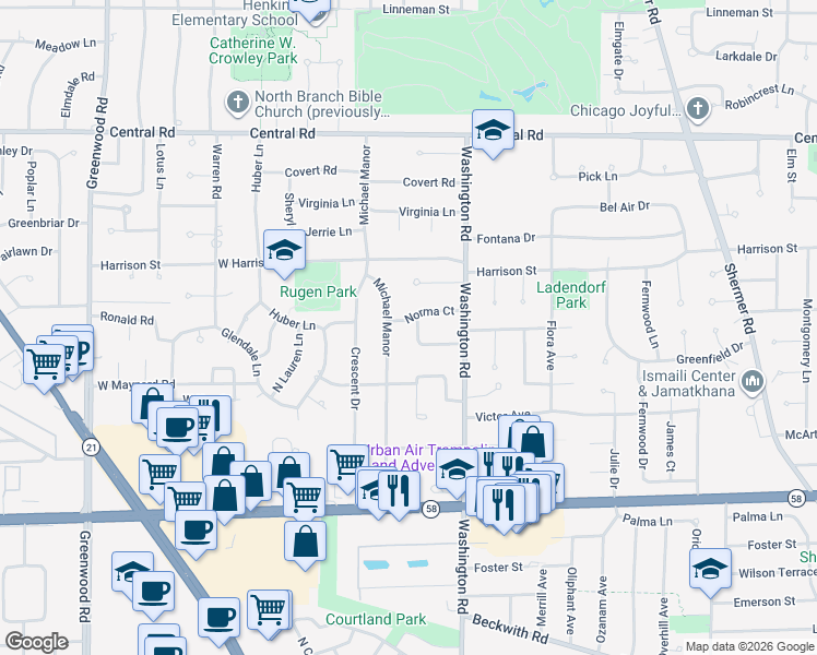 map of restaurants, bars, coffee shops, grocery stores, and more near 2821 Helen Drive in Glenview
