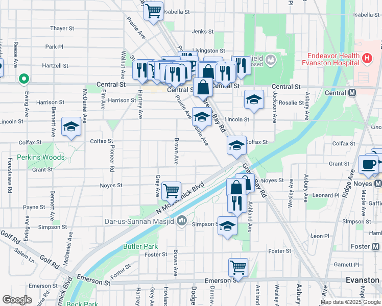 map of restaurants, bars, coffee shops, grocery stores, and more near 1907A Grant Street in Evanston