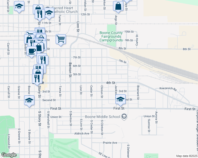 map of restaurants, bars, coffee shops, grocery stores, and more near 415 Clinton Street in Boone