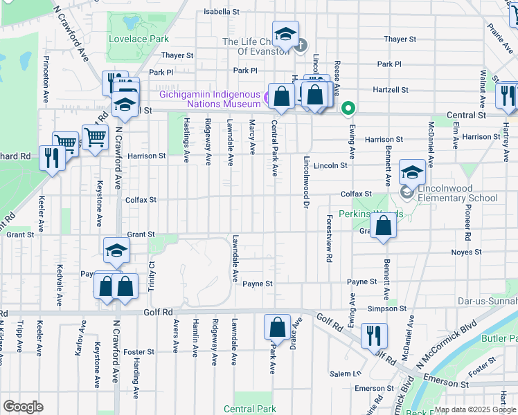 map of restaurants, bars, coffee shops, grocery stores, and more near 2325 Marcy Avenue in Evanston