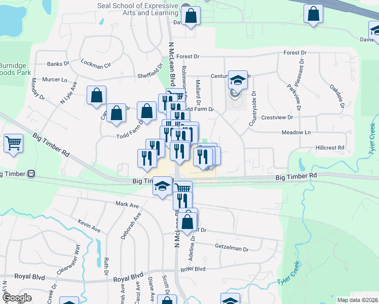 map of restaurants, bars, coffee shops, grocery stores, and more near 112 Tyler Creek Plaza in Elgin
