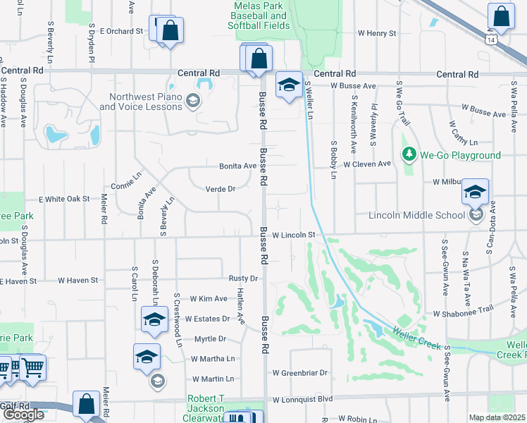 map of restaurants, bars, coffee shops, grocery stores, and more near 302 Busse Road in Mount Prospect