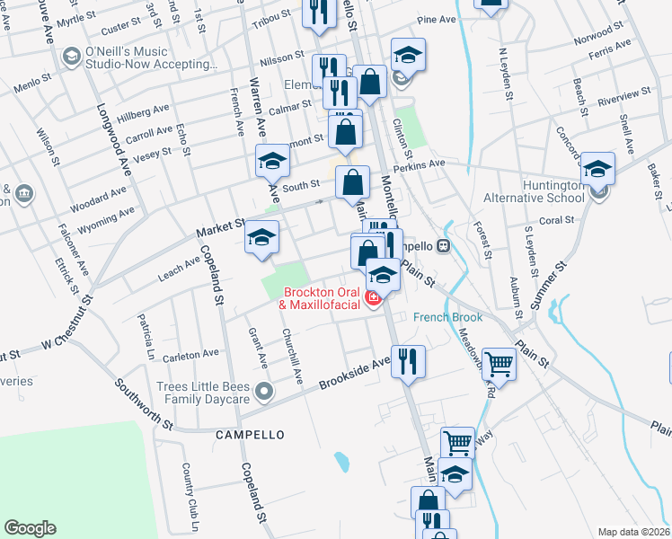 map of restaurants, bars, coffee shops, grocery stores, and more near 35 Clifton Avenue in Brockton