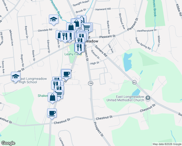 map of restaurants, bars, coffee shops, grocery stores, and more near 152 Prospect Street in East Longmeadow