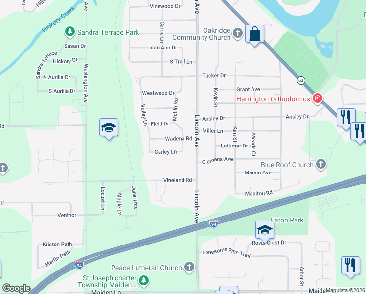 map of restaurants, bars, coffee shops, grocery stores, and more near 3181 McLin Road in St. Joseph