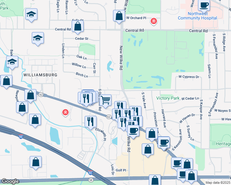 map of restaurants, bars, coffee shops, grocery stores, and more near 1837 West White Oak Street in Arlington Heights