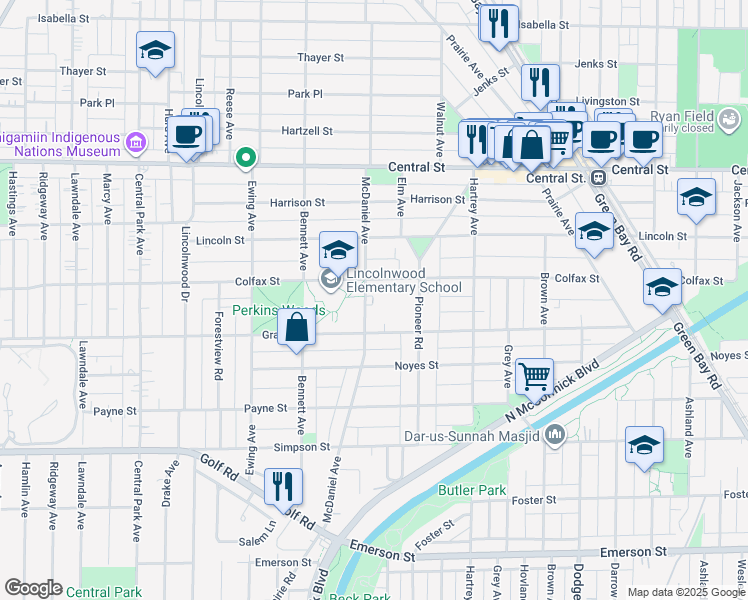 map of restaurants, bars, coffee shops, grocery stores, and more near 2323 McDaniel Avenue in Evanston