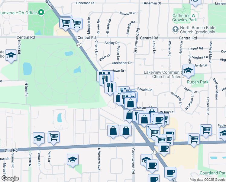 map of restaurants, bars, coffee shops, grocery stores, and more near 1740 North Milwaukee Avenue in Glenview