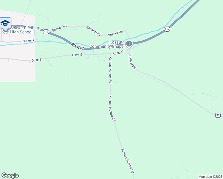 map of restaurants, bars, coffee shops, grocery stores, and more near 1398 Kansas Hollow Road in Bolivar