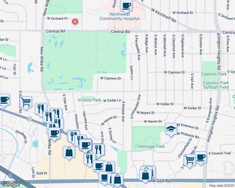 map of restaurants, bars, coffee shops, grocery stores, and more near 1002 West Cedar Lane in Arlington Heights