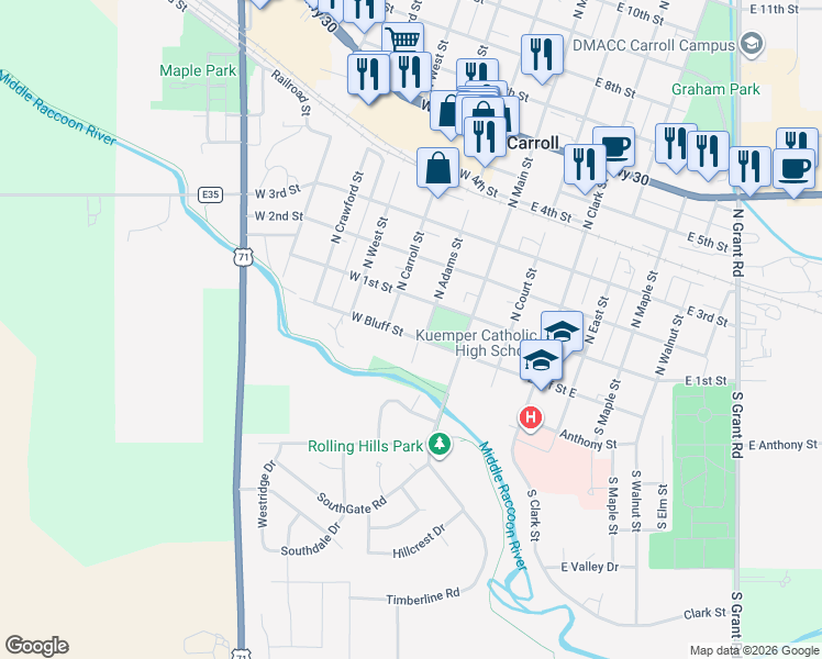 map of restaurants, bars, coffee shops, grocery stores, and more near 210 West Bluff Street in Carroll