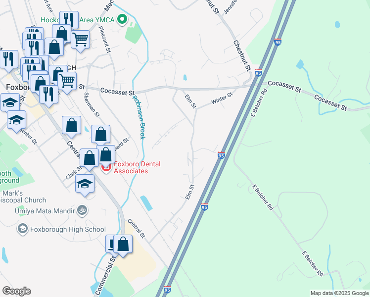 map of restaurants, bars, coffee shops, grocery stores, and more near 27a Elm Street in Foxborough