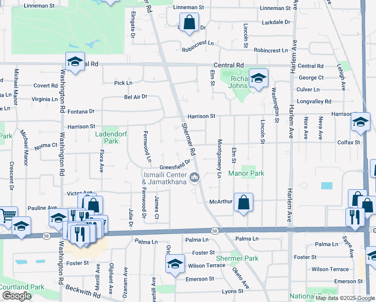 map of restaurants, bars, coffee shops, grocery stores, and more near 230 Shermer Road in Glenview