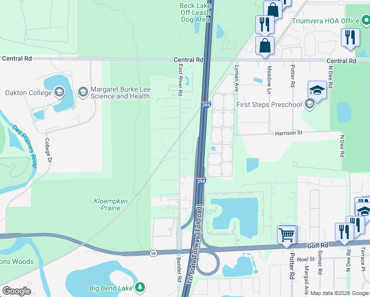 map of restaurants, bars, coffee shops, grocery stores, and more near 390 East River Road in Des Plaines