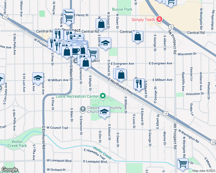 map of restaurants, bars, coffee shops, grocery stores, and more near 320 South School Street in Mount Prospect