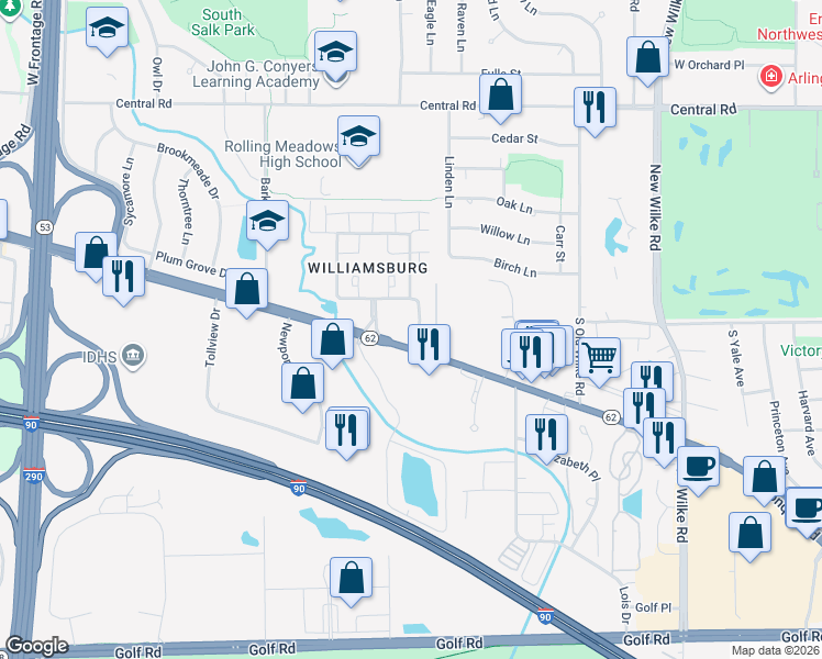 map of restaurants, bars, coffee shops, grocery stores, and more near 4955 Kimball Hill Drive in Rolling Meadows