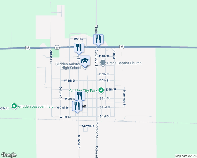 map of restaurants, bars, coffee shops, grocery stores, and more near 301-399 East 5th Street in Glidden