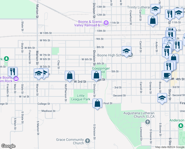 map of restaurants, bars, coffee shops, grocery stores, and more near 112 West 4th Street in Boone