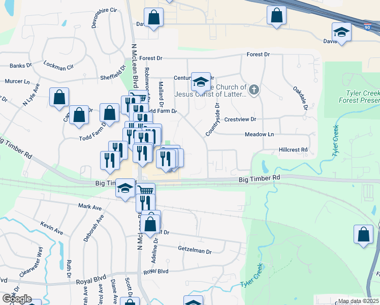 map of restaurants, bars, coffee shops, grocery stores, and more near 1068 Todd Farm Drive in Elgin