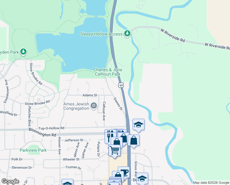 map of restaurants, bars, coffee shops, grocery stores, and more near 4006 Dawes Drive in Ames
