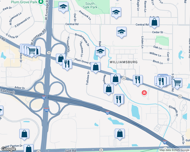 map of restaurants, bars, coffee shops, grocery stores, and more near 3315 West Algonquin Road in Rolling Meadows